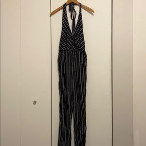 Black and white stripe halter pants romper